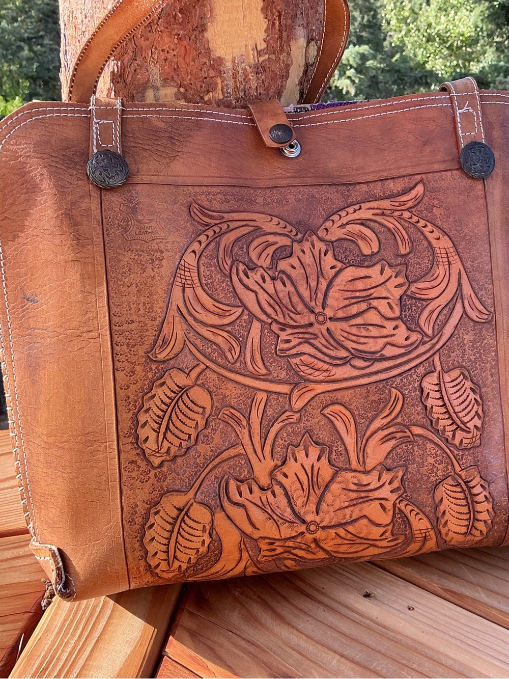 Tooled Leather Floral Tote Bag | Vintage Western Boho Shoulder Bag/ Double Sided - Picture 13 of 13